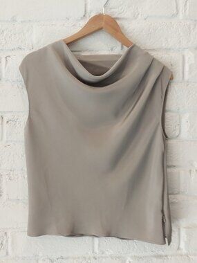 100% Silk Top Blouse Medium 6 Gray Drape Cowl Neck Sleeveless Elegant USA Made.